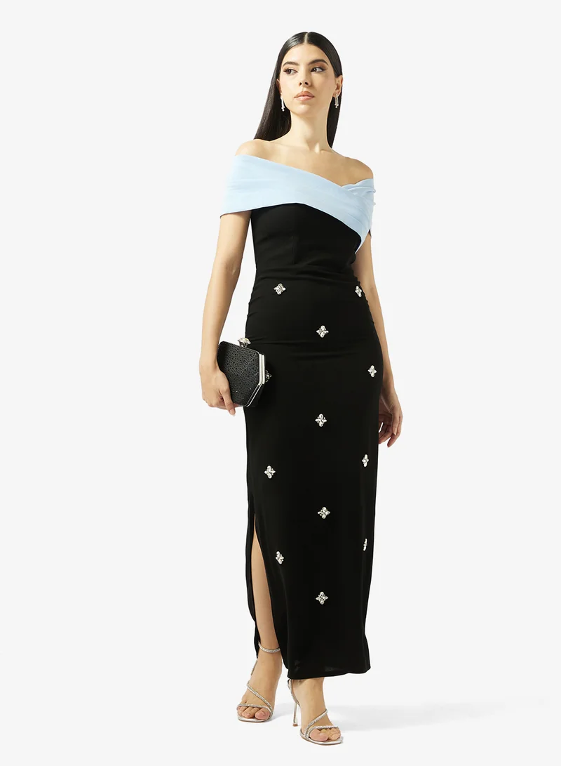 Akadia Fashion  DRAPED CROSS BUST BEADED CREPE DRESS for Women | Best Price UAE